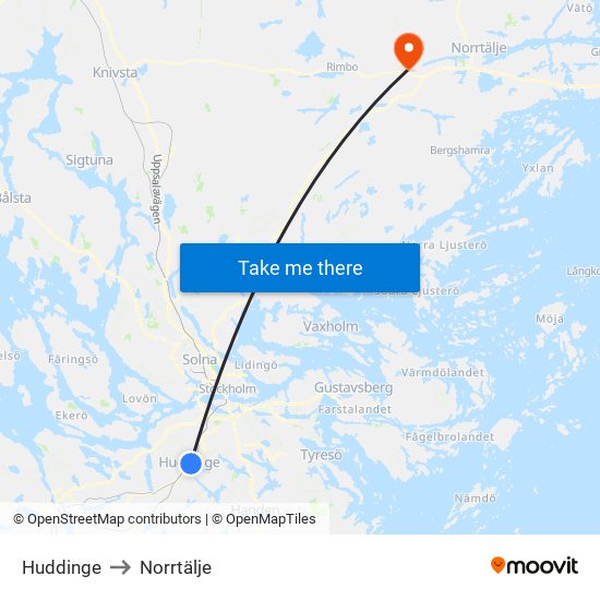 Huddinge to Norrtälje map