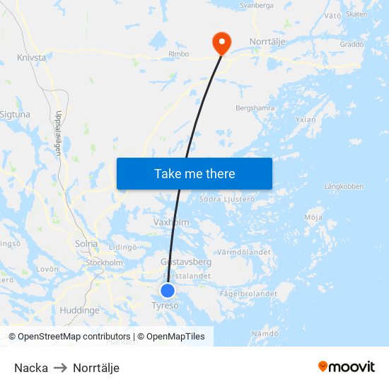 Nacka to Norrtälje map