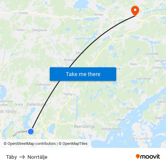 Täby to Norrtälje map