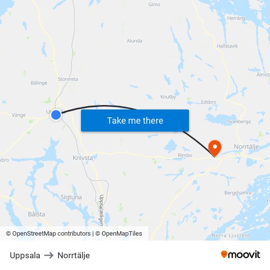 Uppsala to Norrtälje map