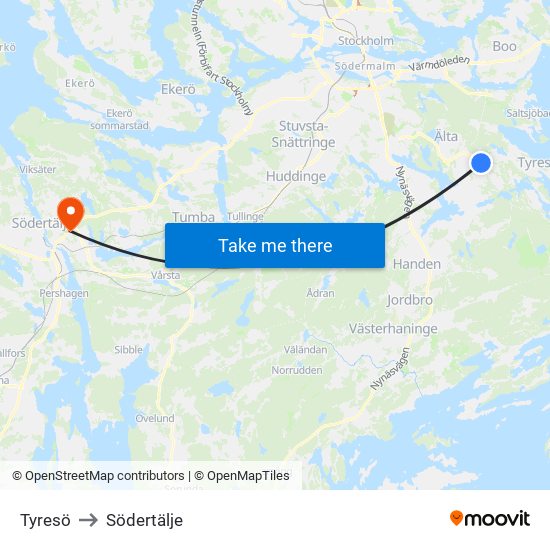 Tyresö to Södertälje map