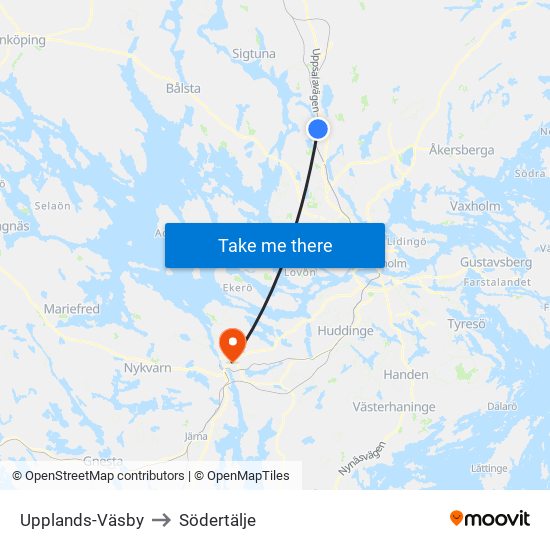 Upplands-Väsby to Södertälje map