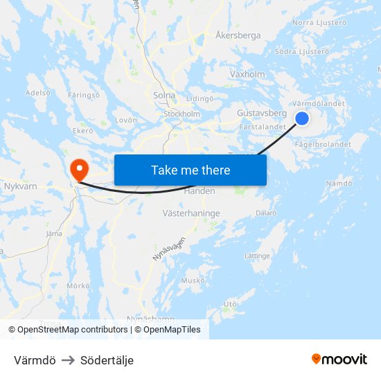 Värmdö to Södertälje map