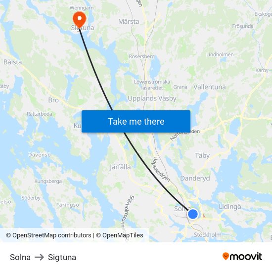 Solna to Sigtuna map