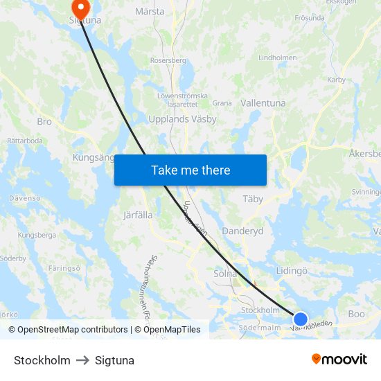 Stockholm to Sigtuna map