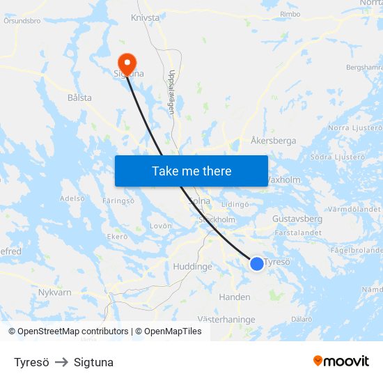 Tyresö to Sigtuna map