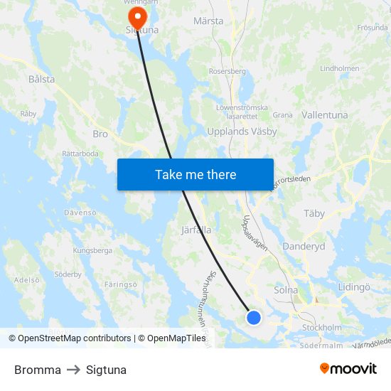 Bromma to Sigtuna map