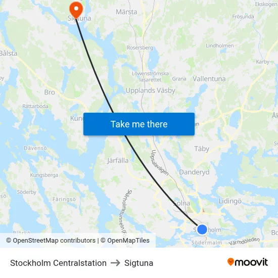 Stockholm Centralstation to Sigtuna map