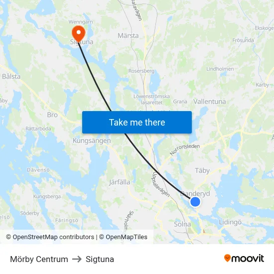 Mörby Centrum to Sigtuna map