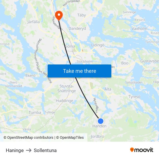 Haninge to Sollentuna map