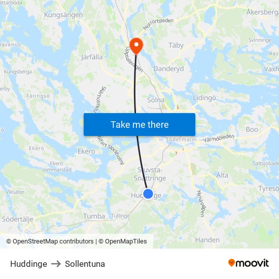 Huddinge to Sollentuna map