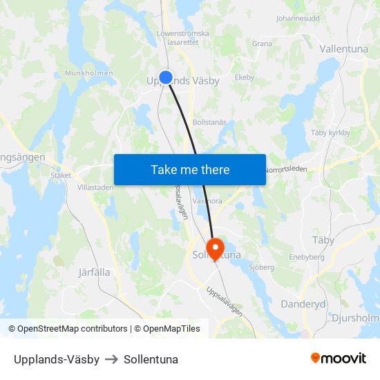 Upplands-Väsby to Sollentuna map