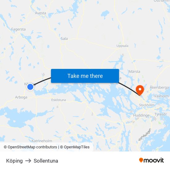 Köping to Sollentuna map