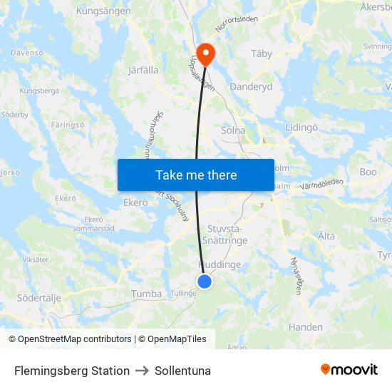 Flemingsberg Station to Sollentuna map