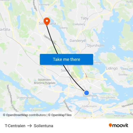 T-Centralen to Sollentuna map