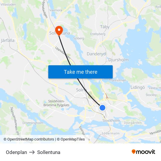 Odenplan to Sollentuna map