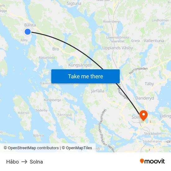 Håbo to Solna map