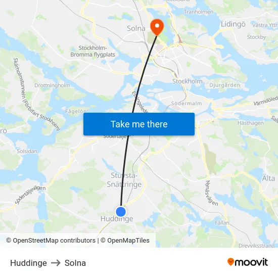 Huddinge to Solna map