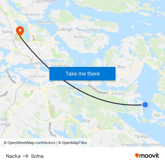 Nacka to Solna map