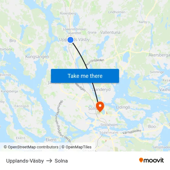 Upplands-Väsby to Solna map
