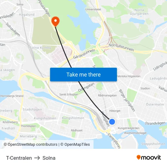 T-Centralen to Solna map