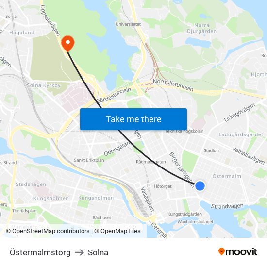 Östermalmstorg to Solna map