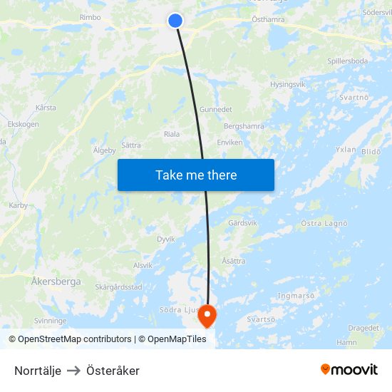 Norrtälje to Österåker map