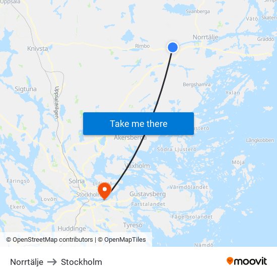 Norrtälje to Stockholm map
