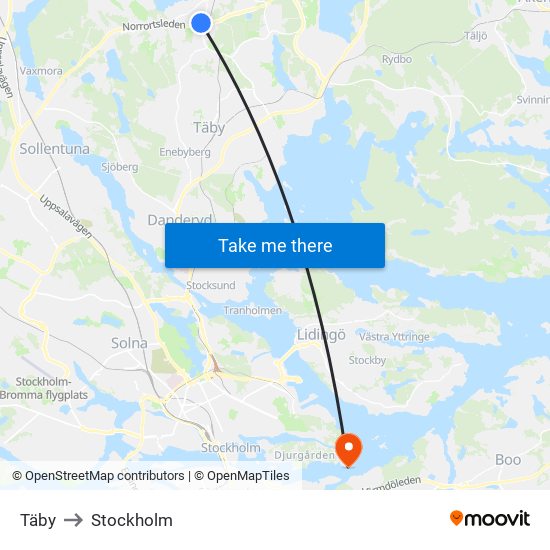 Täby to Stockholm map