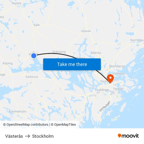 Västerås to Stockholm map