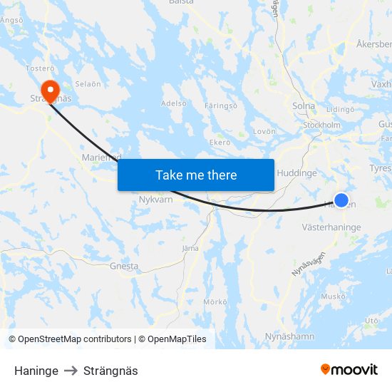 Haninge to Strängnäs map