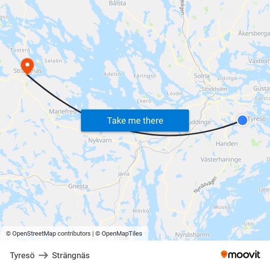 Tyresö to Strängnäs map