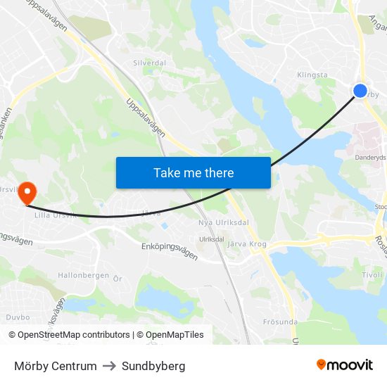 Mörby Centrum to Sundbyberg map