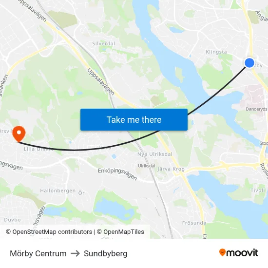 Mörby Centrum to Sundbyberg map