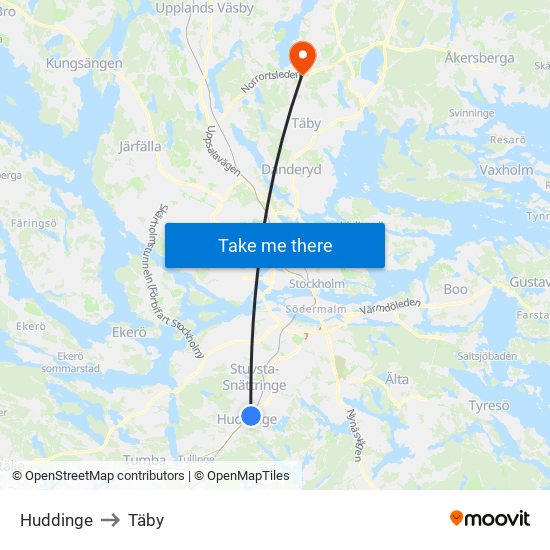 Huddinge to Täby map