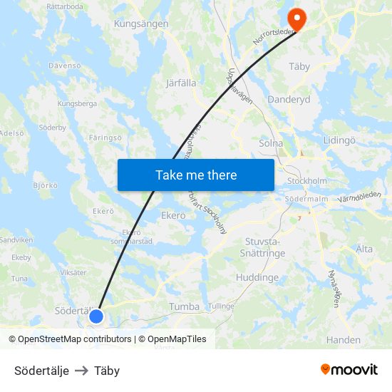 Södertälje to Täby map