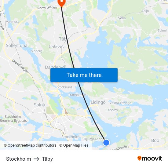 Stockholm to Täby map