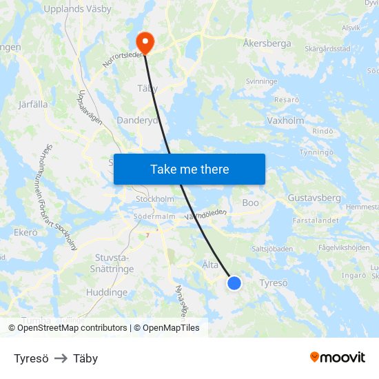 Tyresö to Täby map