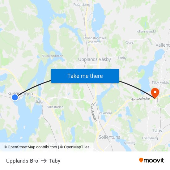 Upplands-Bro to Täby map