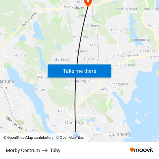 Mörby Centrum to Täby map