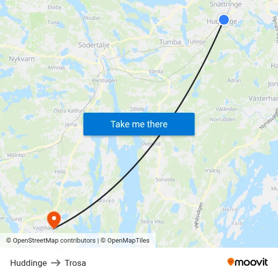 Huddinge to Trosa map