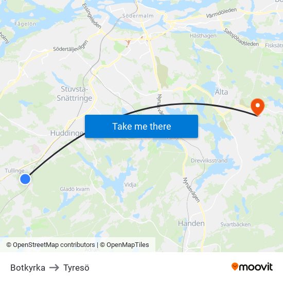 Botkyrka to Tyresö map