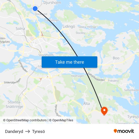 Danderyd to Tyresö map