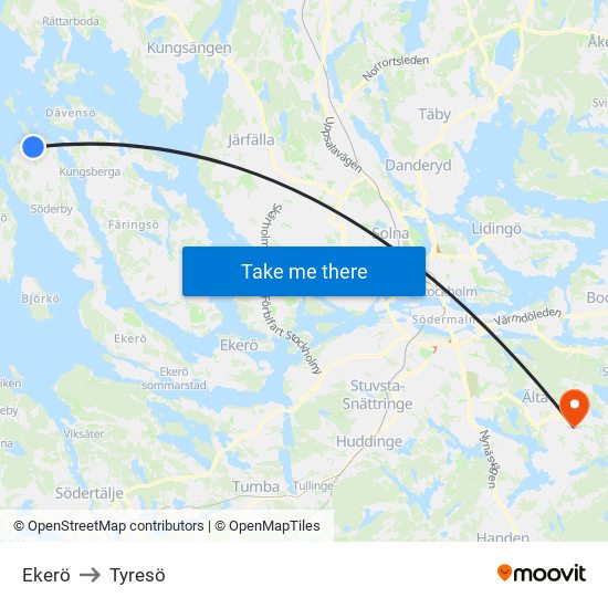 Ekerö to Tyresö map