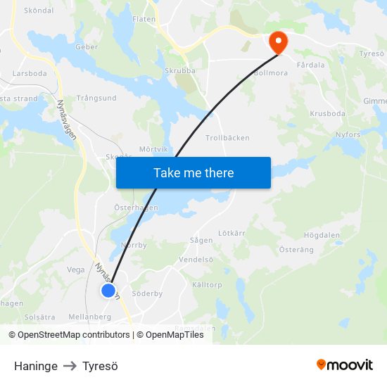 Haninge to Tyresö map