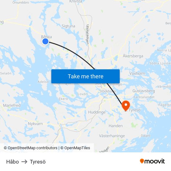 Håbo to Tyresö map