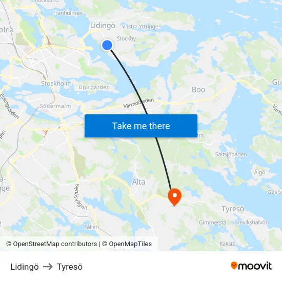 Lidingö to Tyresö map