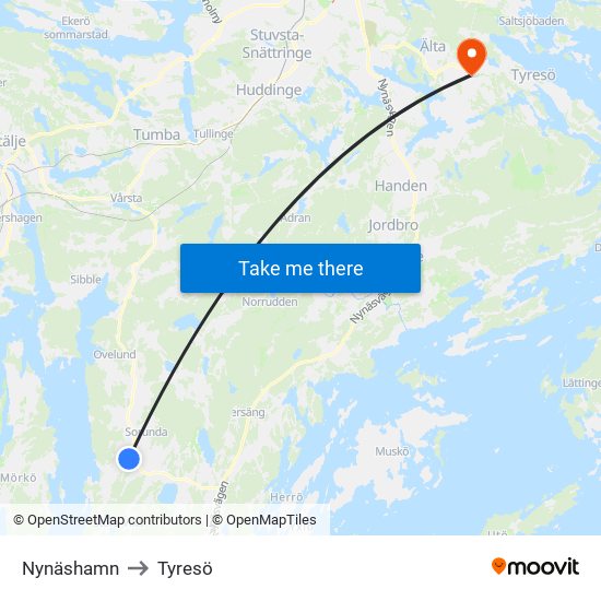 Nynäshamn to Tyresö map