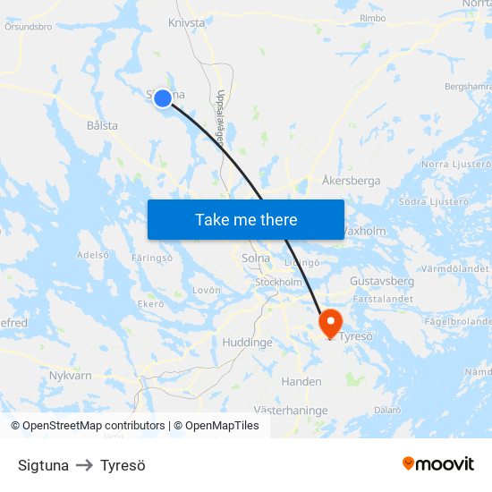 Sigtuna to Tyresö map