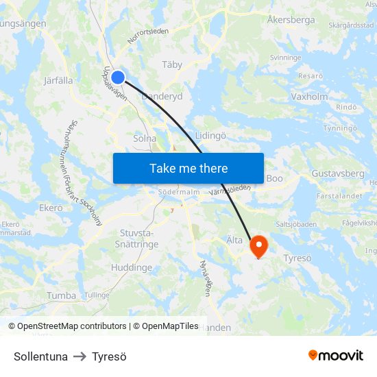 Sollentuna to Tyresö map